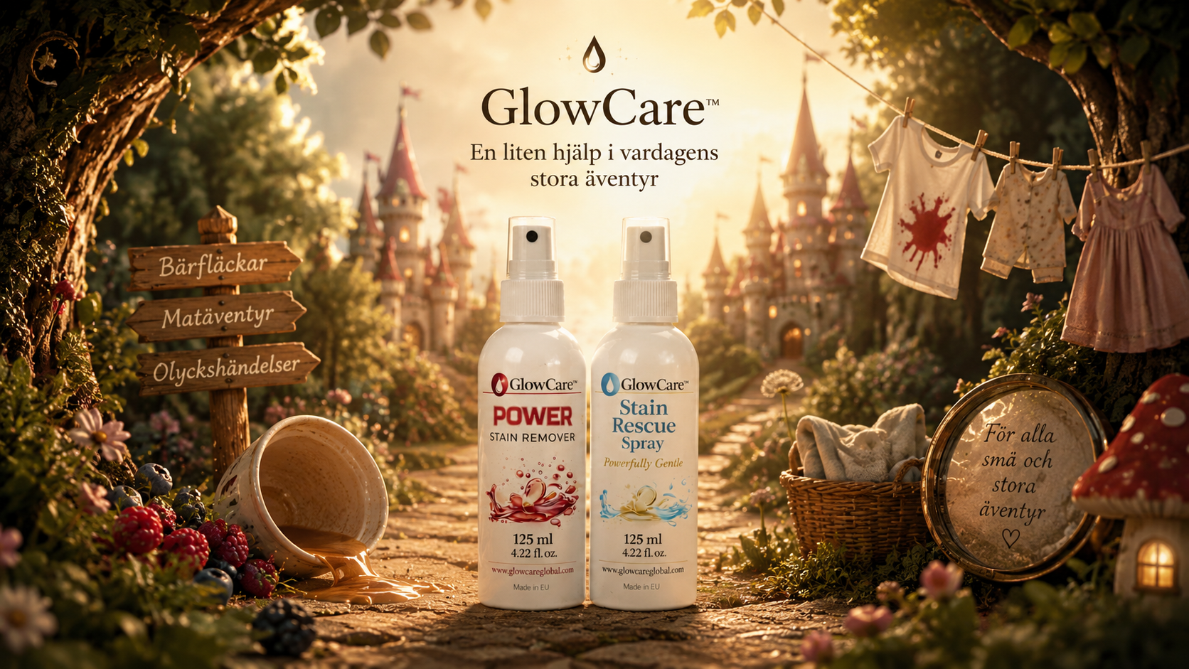 GlowCare Power och GlowCare Stain Rescue i en sagolik värld med vardagsfläckar och magisk storytelling om enkel fläckborttagning