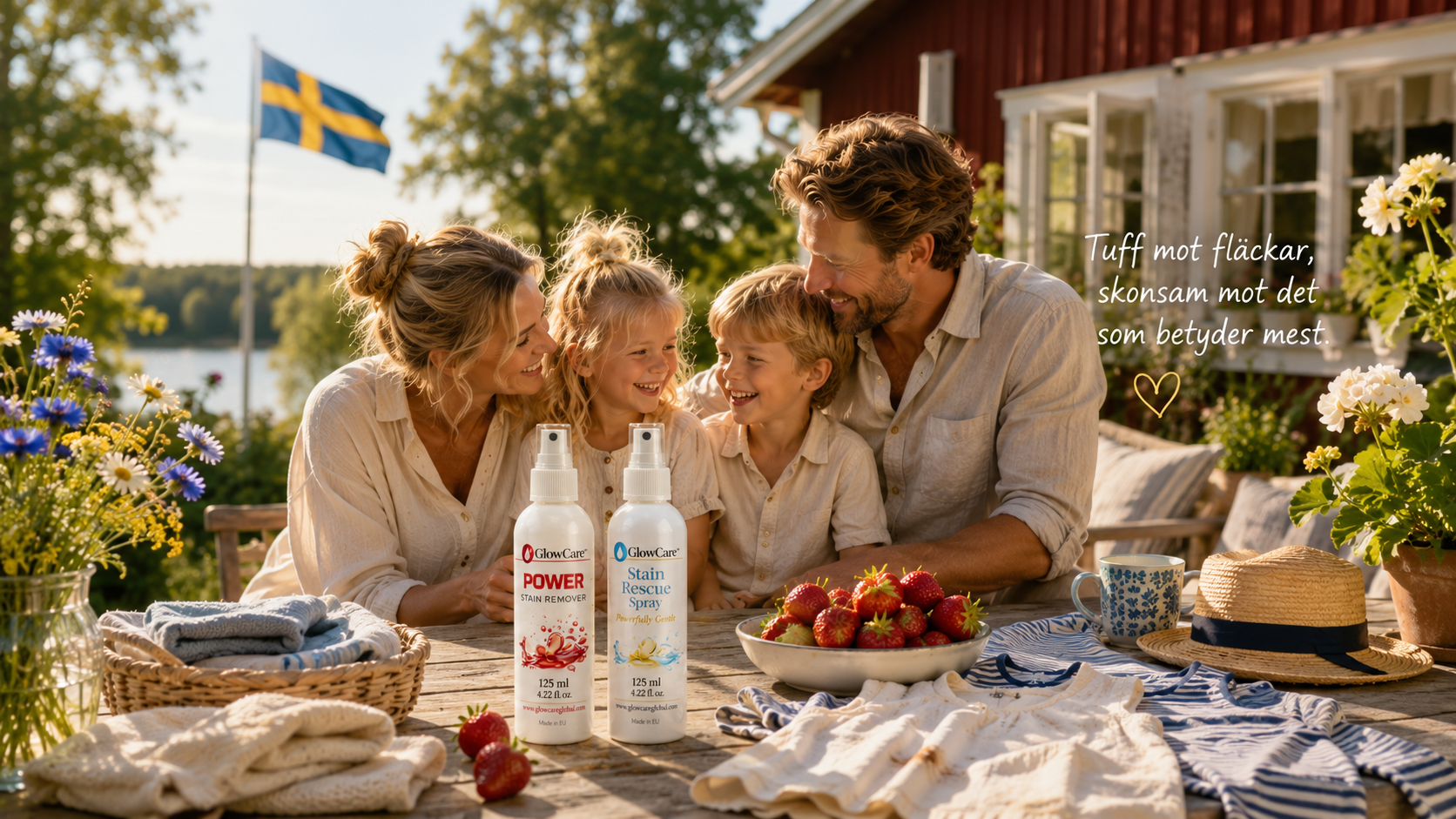 Svensk familj med barn i sommar miljö vid rött hus med GlowCare Power och Stain Rescue som symboliserar omtanke, kvalitet och vardagens små ögonblick