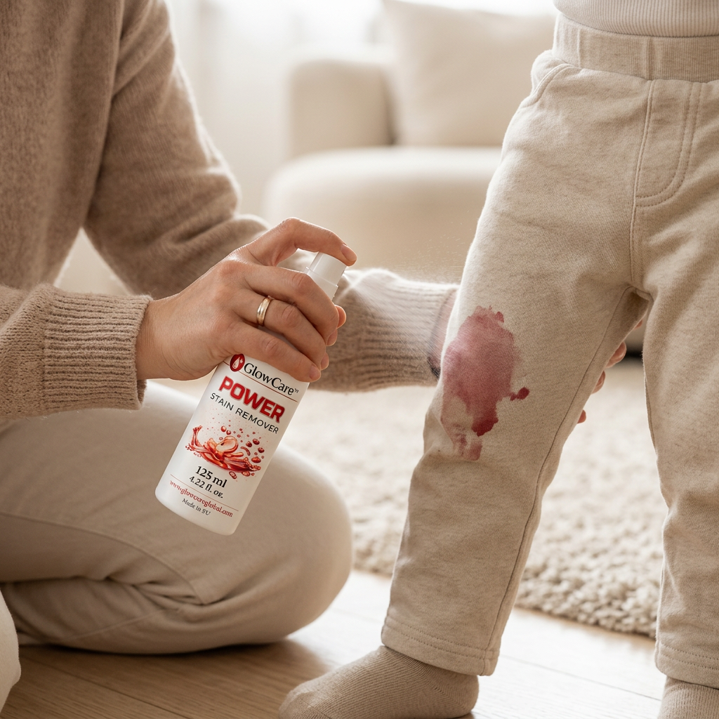 GlowCare Power används på fläckiga barnkläder för att ta bort svåra vardagsfläckar