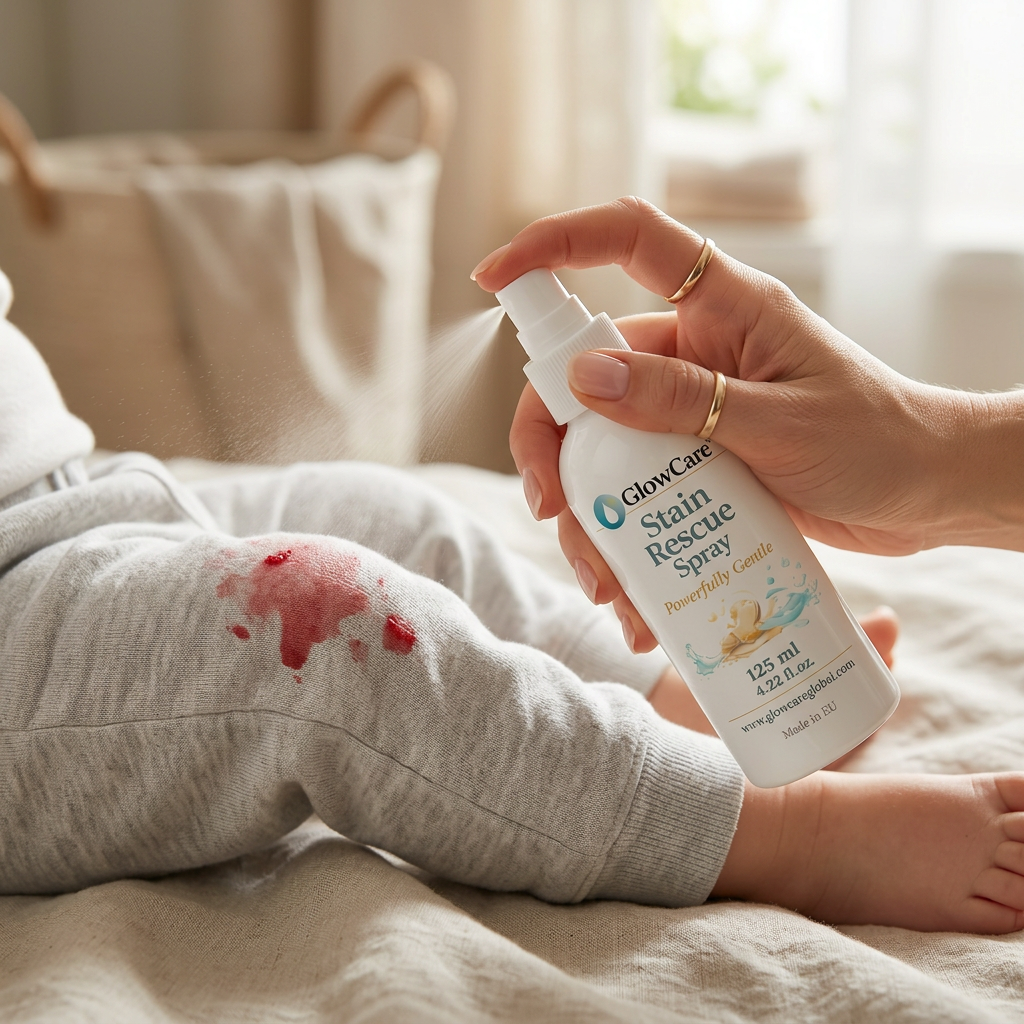 GlowCare Stain Rescue används på fläckiga babykläder för skonsam rengöring utan starka kemikalier