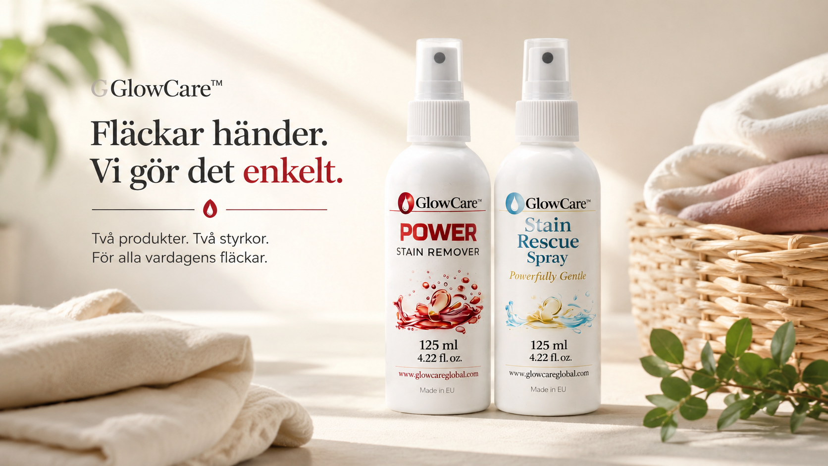GlowCare fläckborttagare Power och Stain Rescue för kläder, textilier och vardagsfläckar