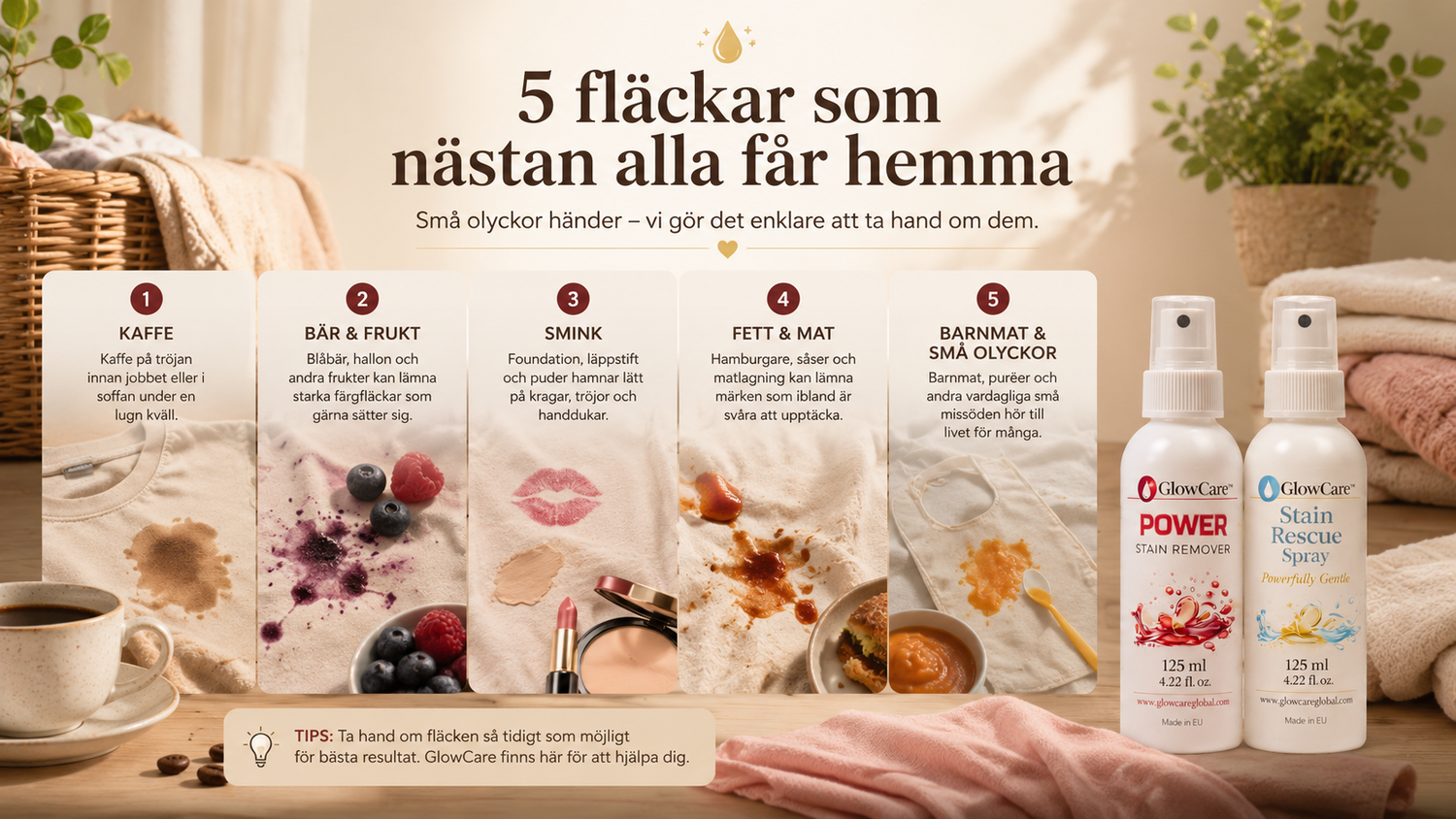 GlowCare Power och Stain Rescue med fem vanliga vardagsfläckar som kaffe, bär, smink, mat och barnmat i en varm hemmiljö